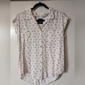 JACHS Girlfriend White and Pink Floral Button Down Shirt